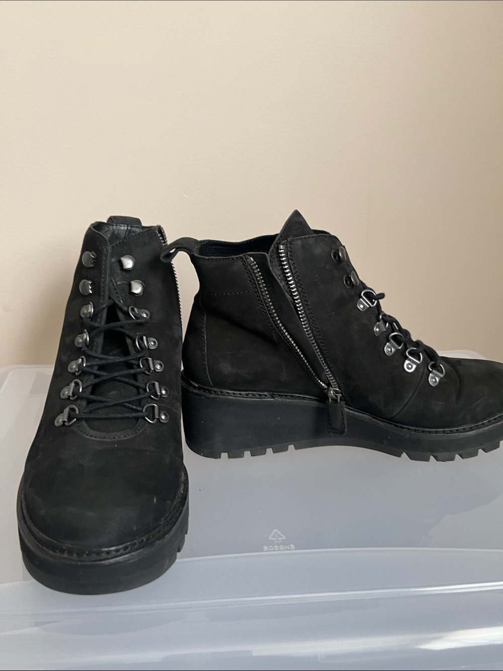 Eileen Fisher Black Lace-Up Lug-Sole Ankle Boots